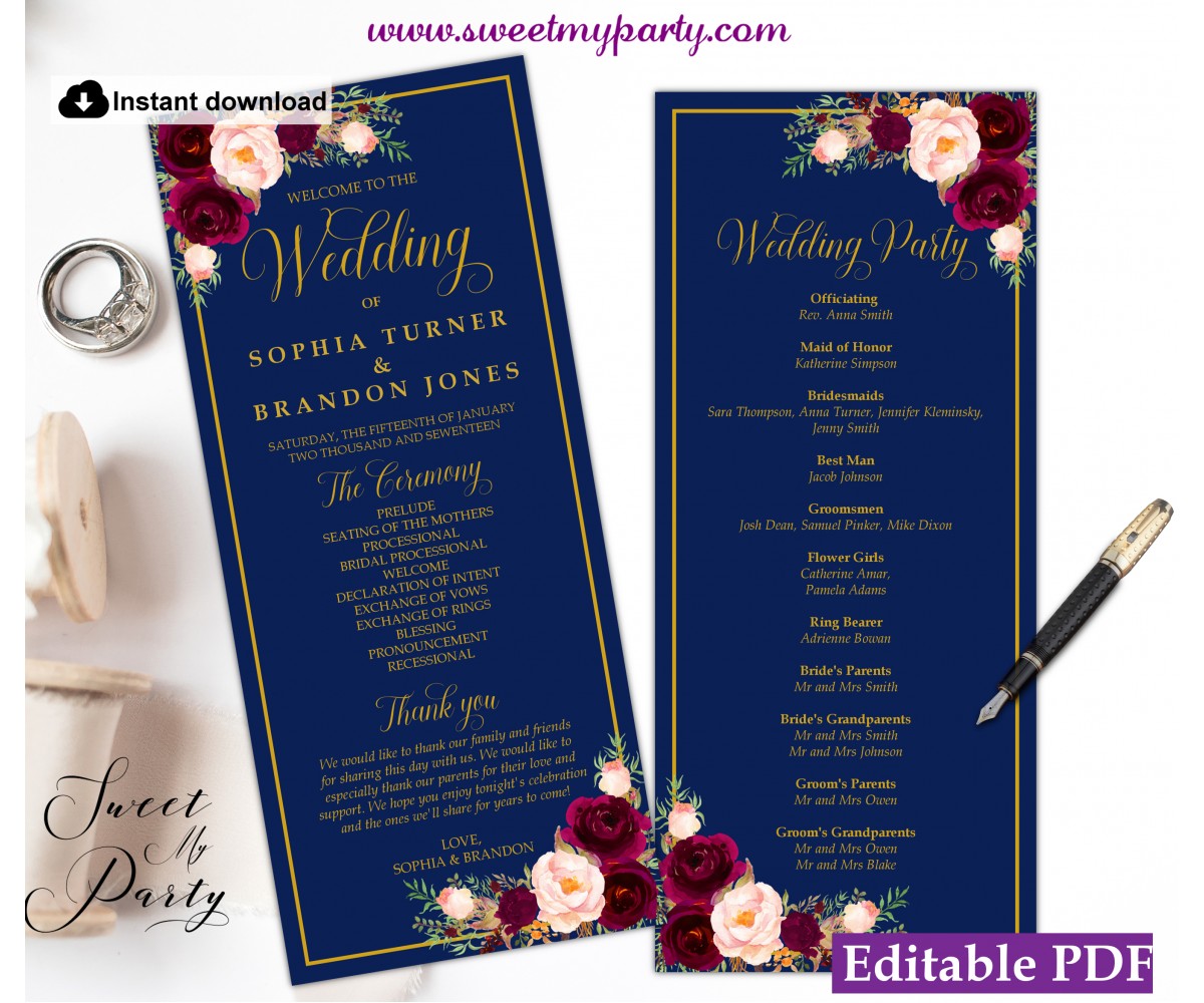 Navy Burgundy Wedding Program tea length template,Navy Wedding Order of Service template, (147w)
